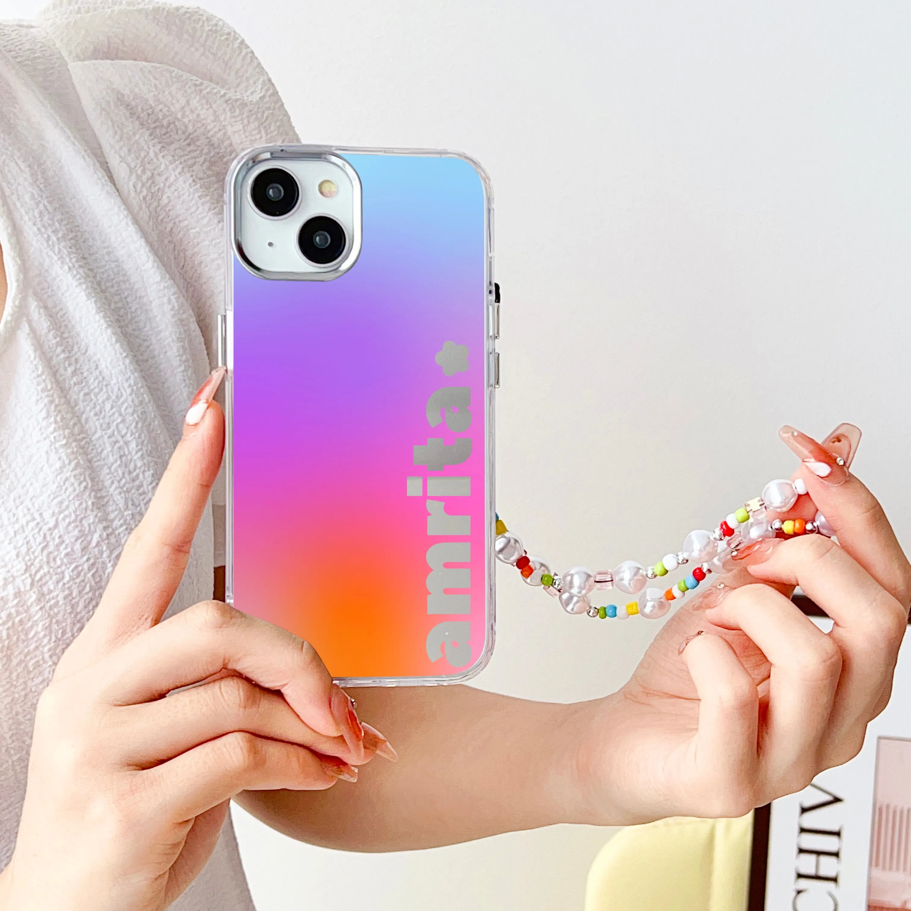 Designer Customised Name Mirror Gradient Case With Beaded Charm