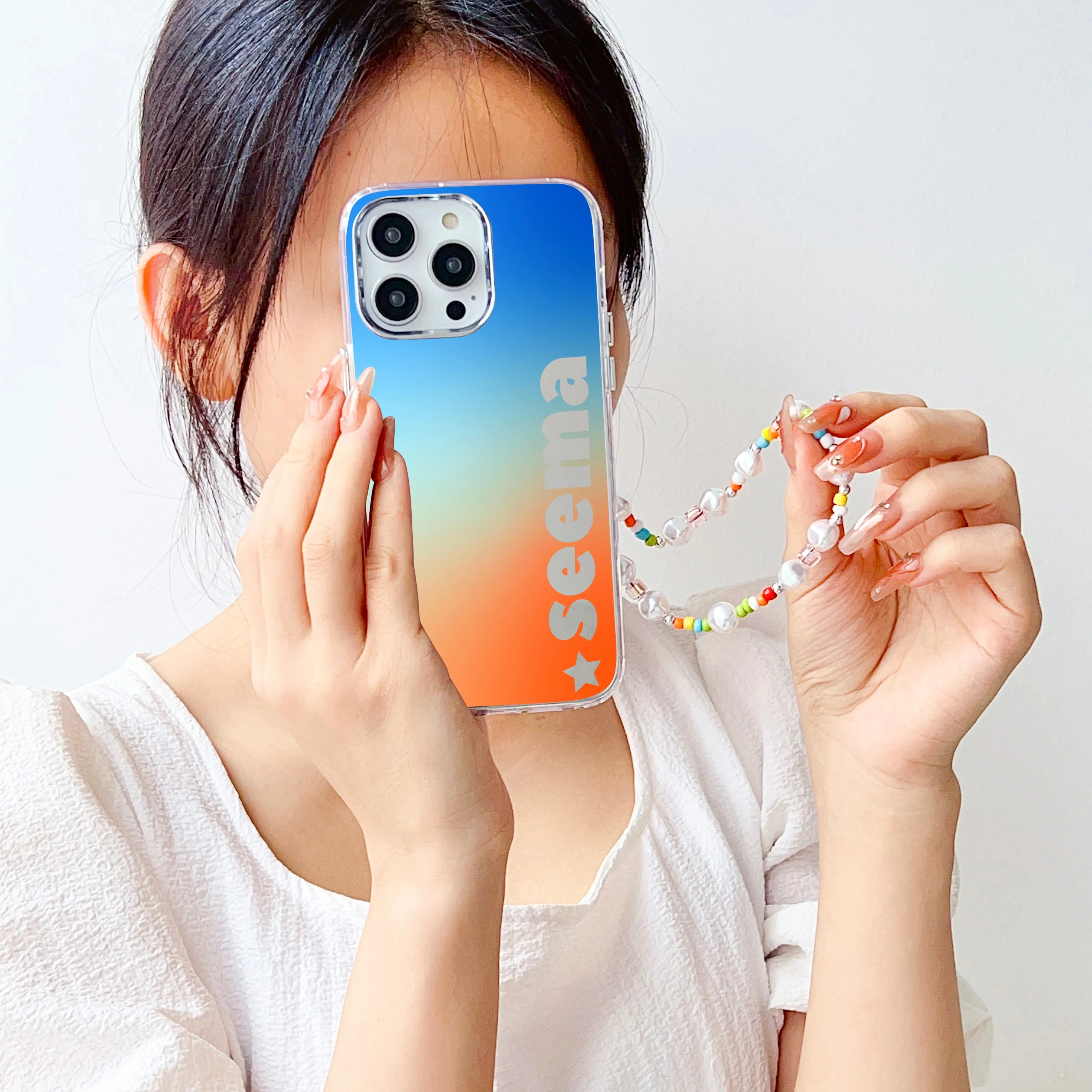 Designer Customised Name Mirror Gradient Case With Beaded Charm
