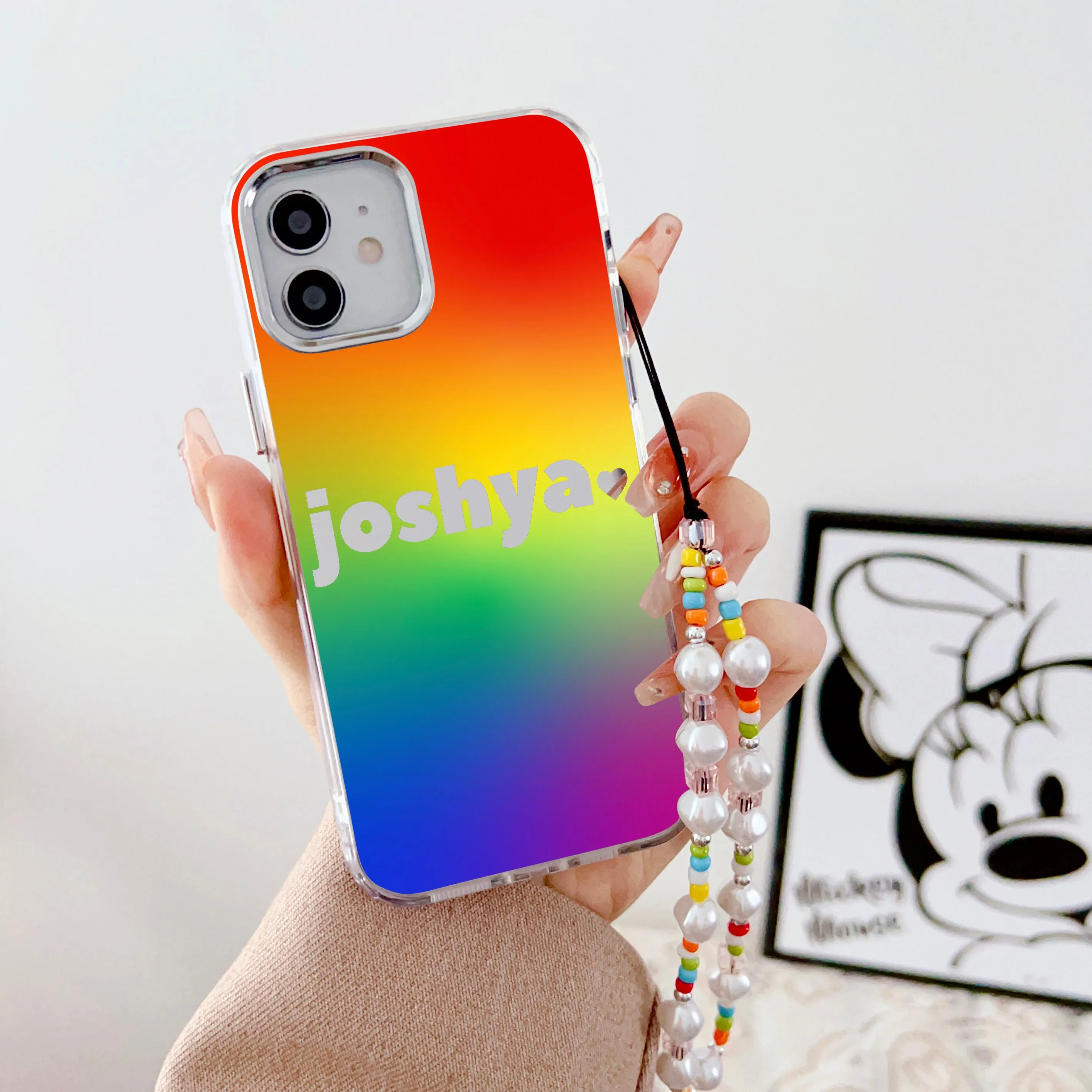 Designer Customised Name Mirror Gradient Case With Beaded Charm