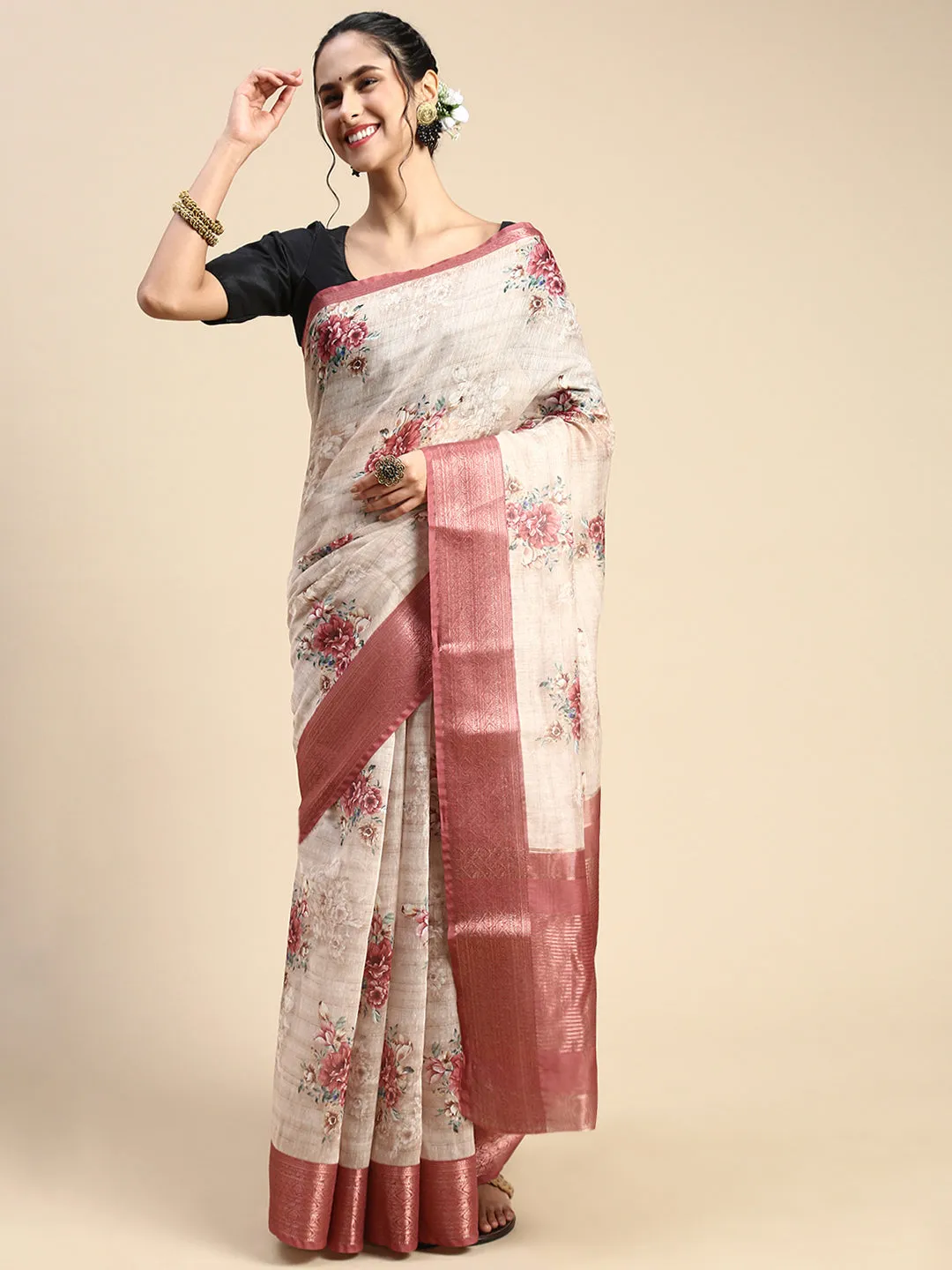 Digital Floral Printed Sandal Colour Semi Linen Saree SL83