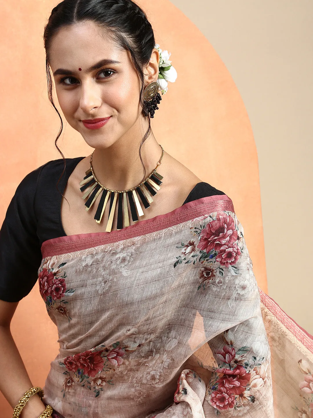 Digital Floral Printed Sandal Colour Semi Linen Saree SL83