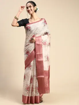Digital Floral Printed Sandal Colour Semi Linen Saree SL83