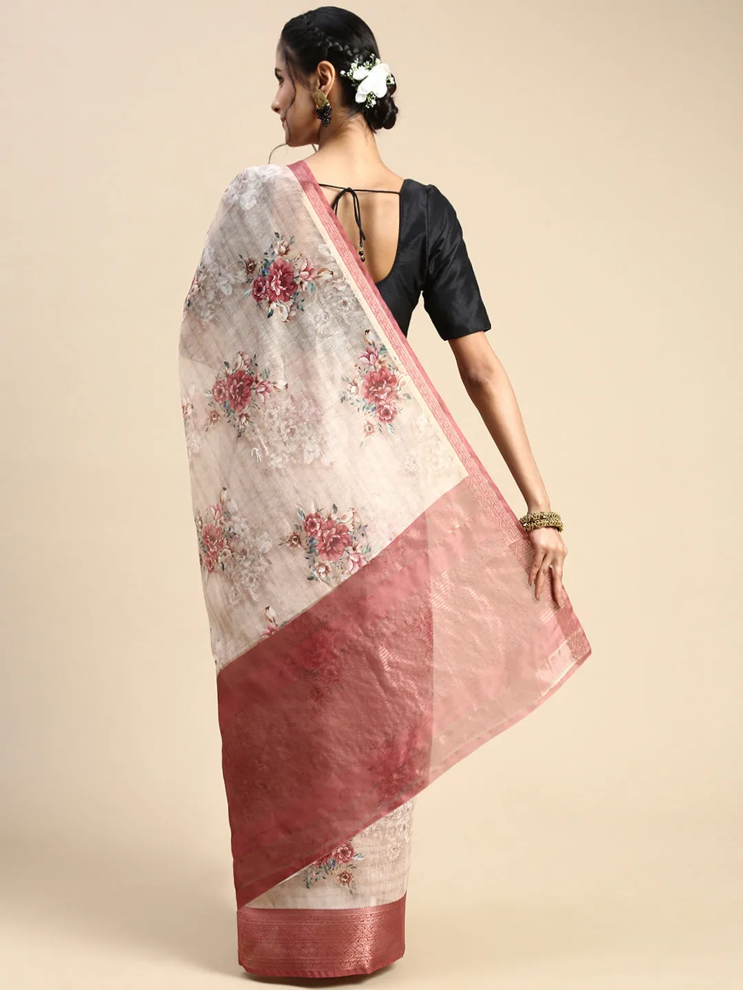 Digital Floral Printed Sandal Colour Semi Linen Saree SL83