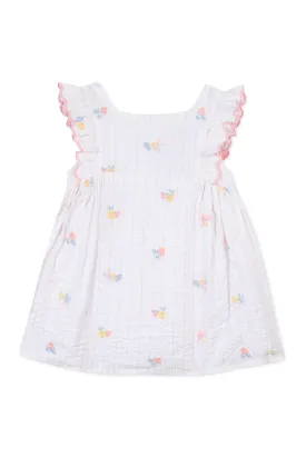 Dress - White cotton with embroidered flowers