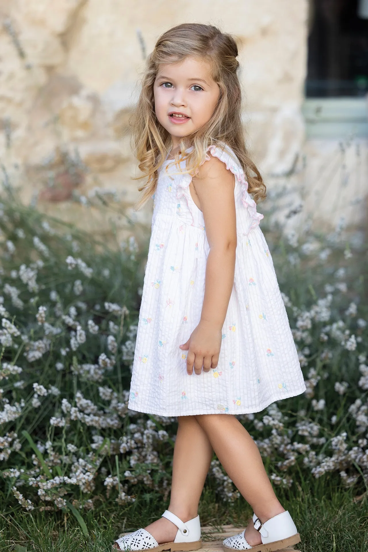 Dress - White cotton with embroidered flowers