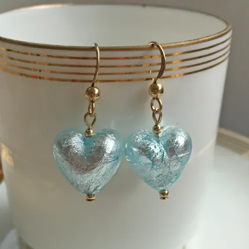 Earrings with aqua (blue) Murano glass small heart drops on silver or gold hooks