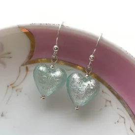 Earrings with aqua (blue) Murano glass small heart drops on silver or gold hooks
