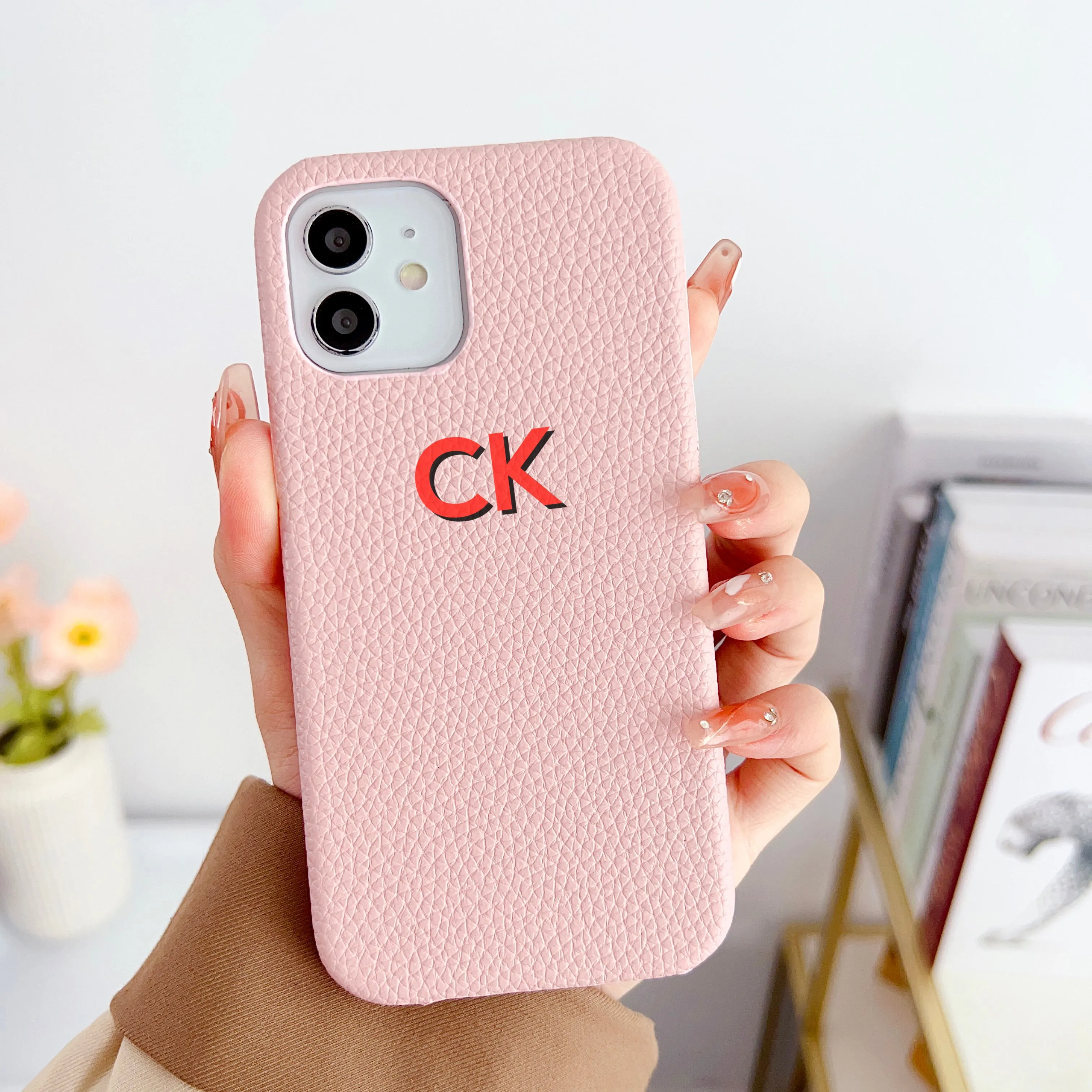 Grain Leather Customised iPhone Case ( Light Pink )