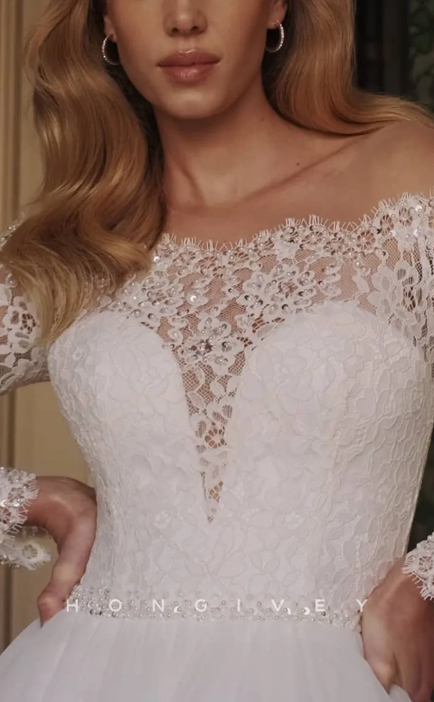 H1083 - Elegant & Luxurious Strapless Lace Long Sleeves Empire A-Line Wedding Dress
