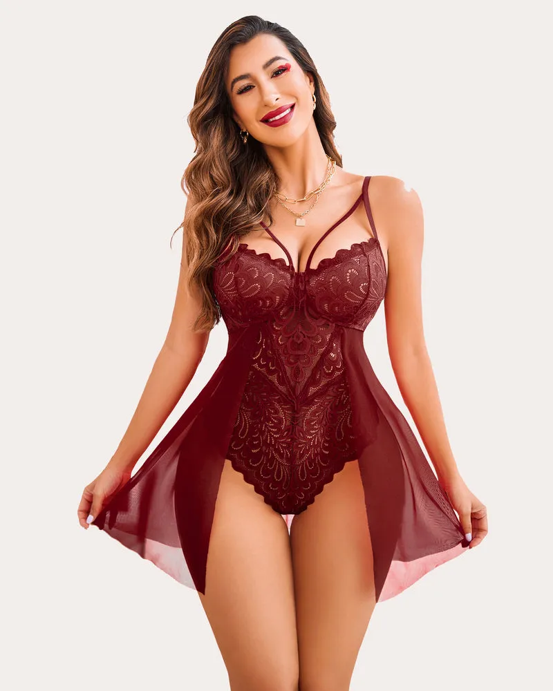 Heart Print Floral Lace Snap Crotch Teddy
