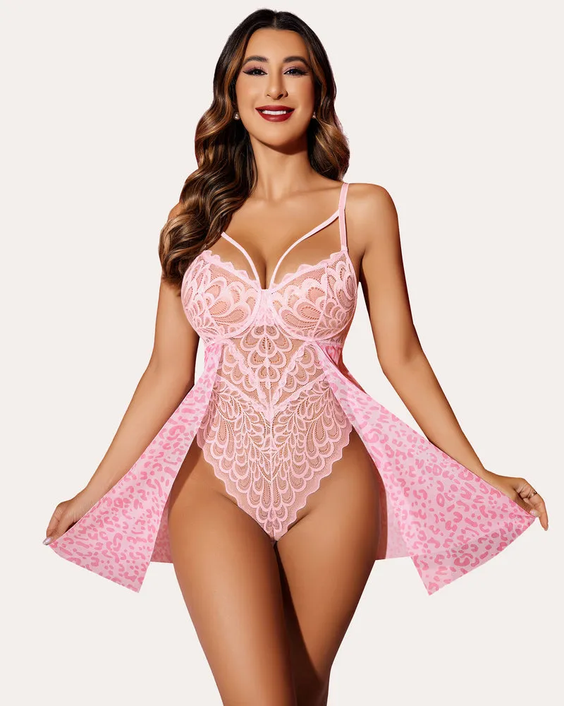 Heart Print Floral Lace Snap Crotch Teddy