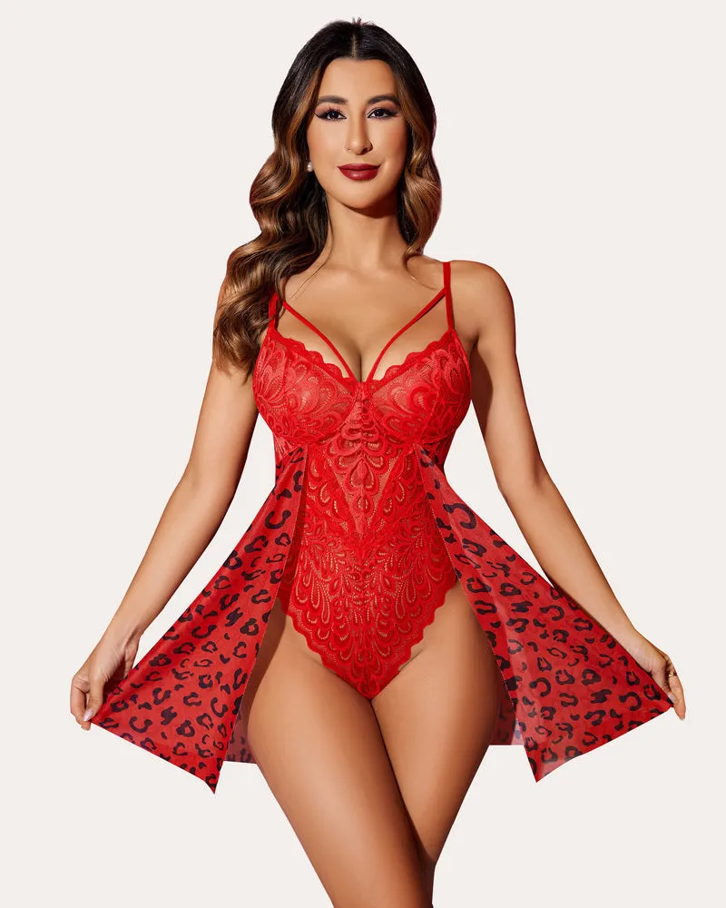 Heart Print Floral Lace Snap Crotch Teddy