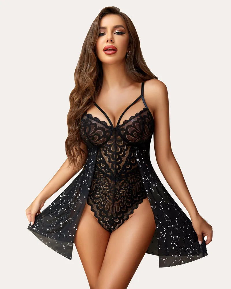 Heart Print Floral Lace Snap Crotch Teddy
