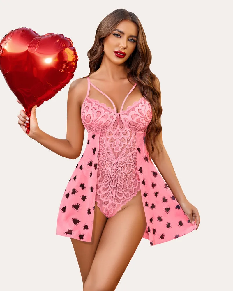 Heart Print Floral Lace Snap Crotch Teddy
