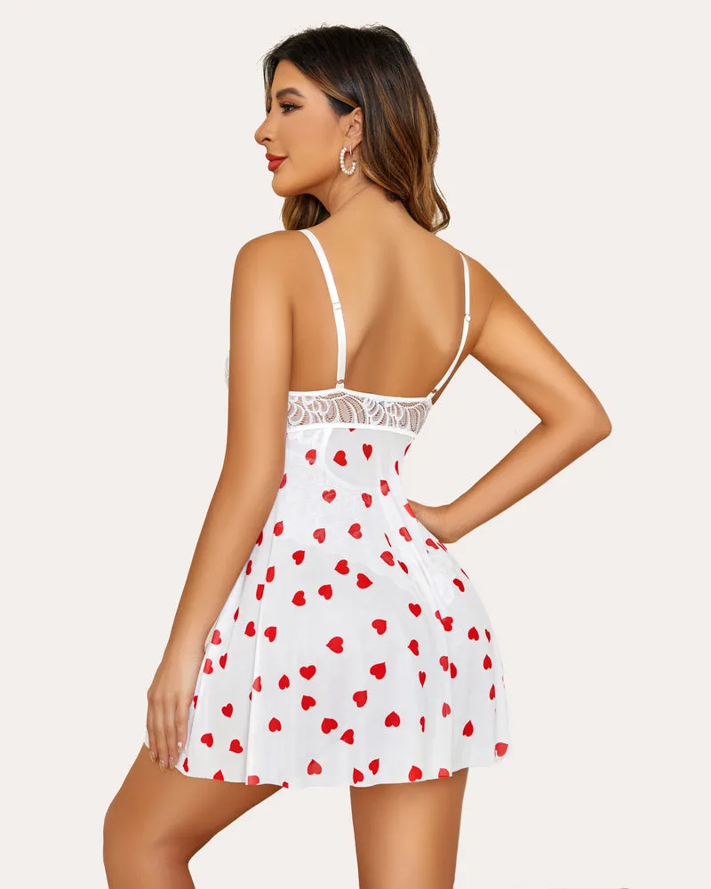Heart Print Floral Lace Snap Crotch Teddy