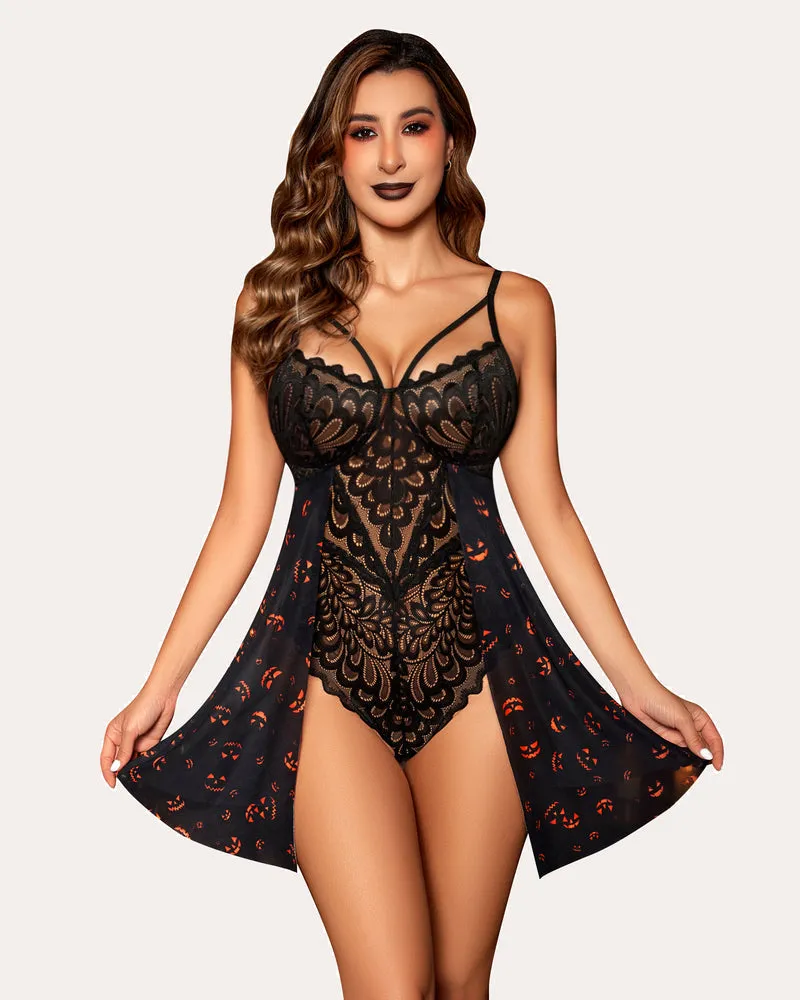 Heart Print Floral Lace Snap Crotch Teddy