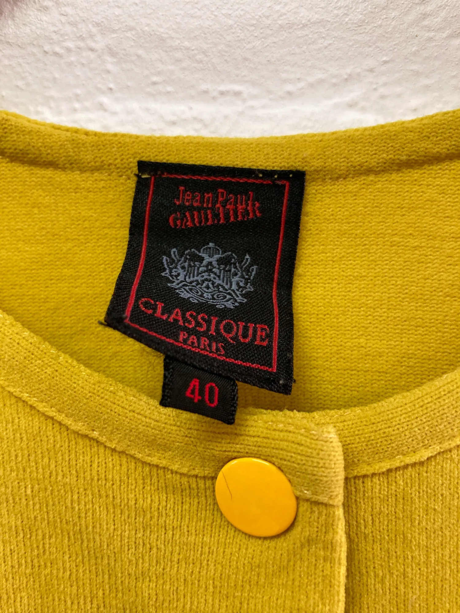 Jean Paul Gaultier mustard snap button cardigan with embroidered hem - size 40