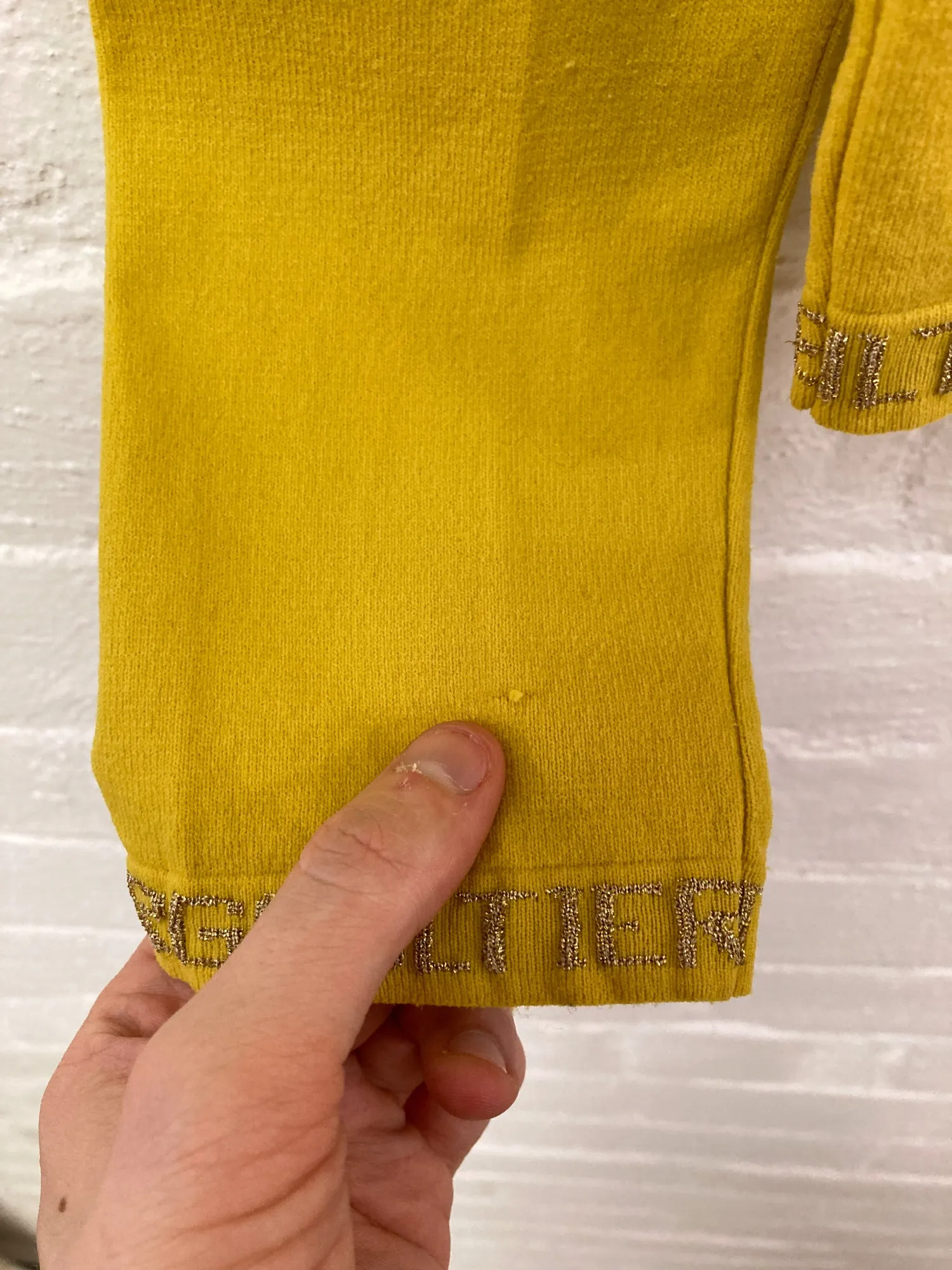 Jean Paul Gaultier mustard snap button cardigan with embroidered hem - size 40