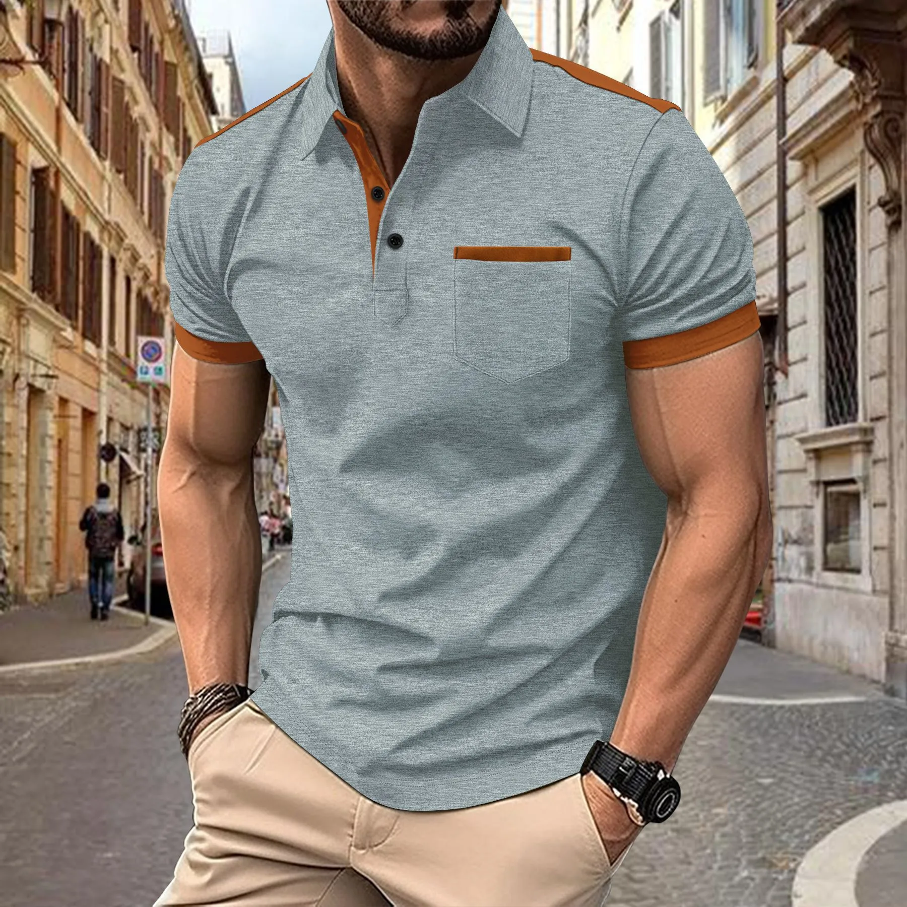 Lapel Button Stitching Color Matching All-match T-shirt - SEE SIZE CHART