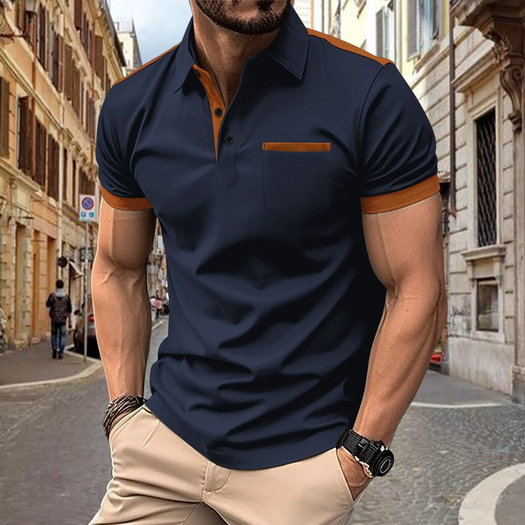 Lapel Button Stitching Color Matching All-match T-shirt - SEE SIZE CHART