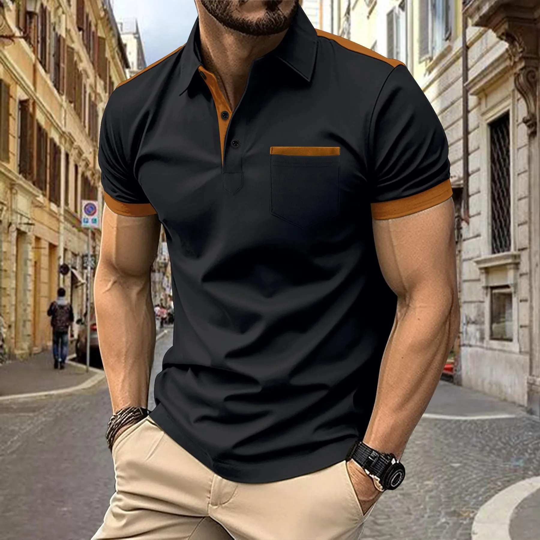 Lapel Button Stitching Color Matching All-match T-shirt - SEE SIZE CHART