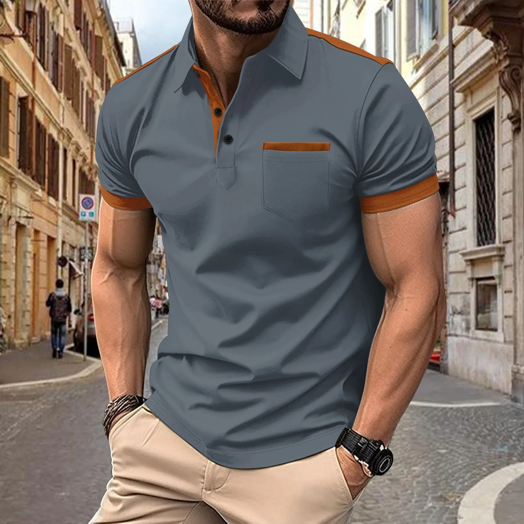 Lapel Button Stitching Color Matching All-match T-shirt - SEE SIZE CHART