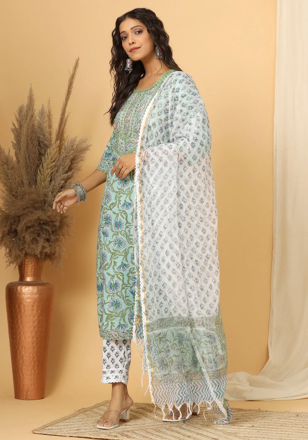 Naaz - Hand Block Print Cotton Suit Set With Pure Kota Doria Dupatta