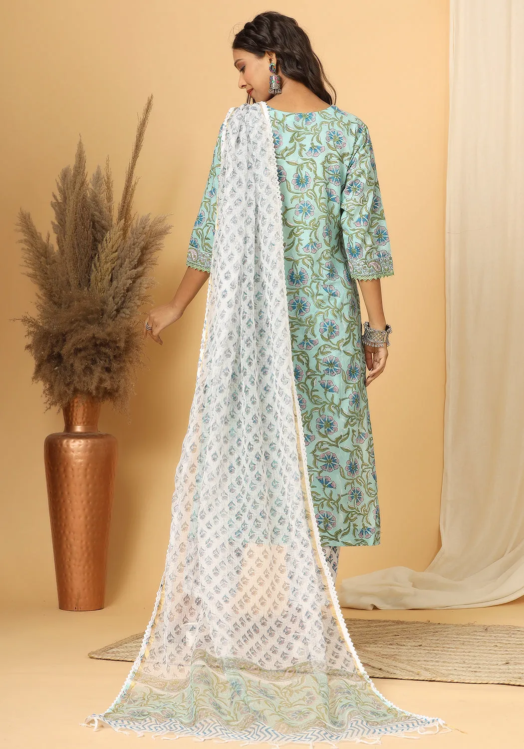 Naaz - Hand Block Print Cotton Suit Set With Pure Kota Doria Dupatta