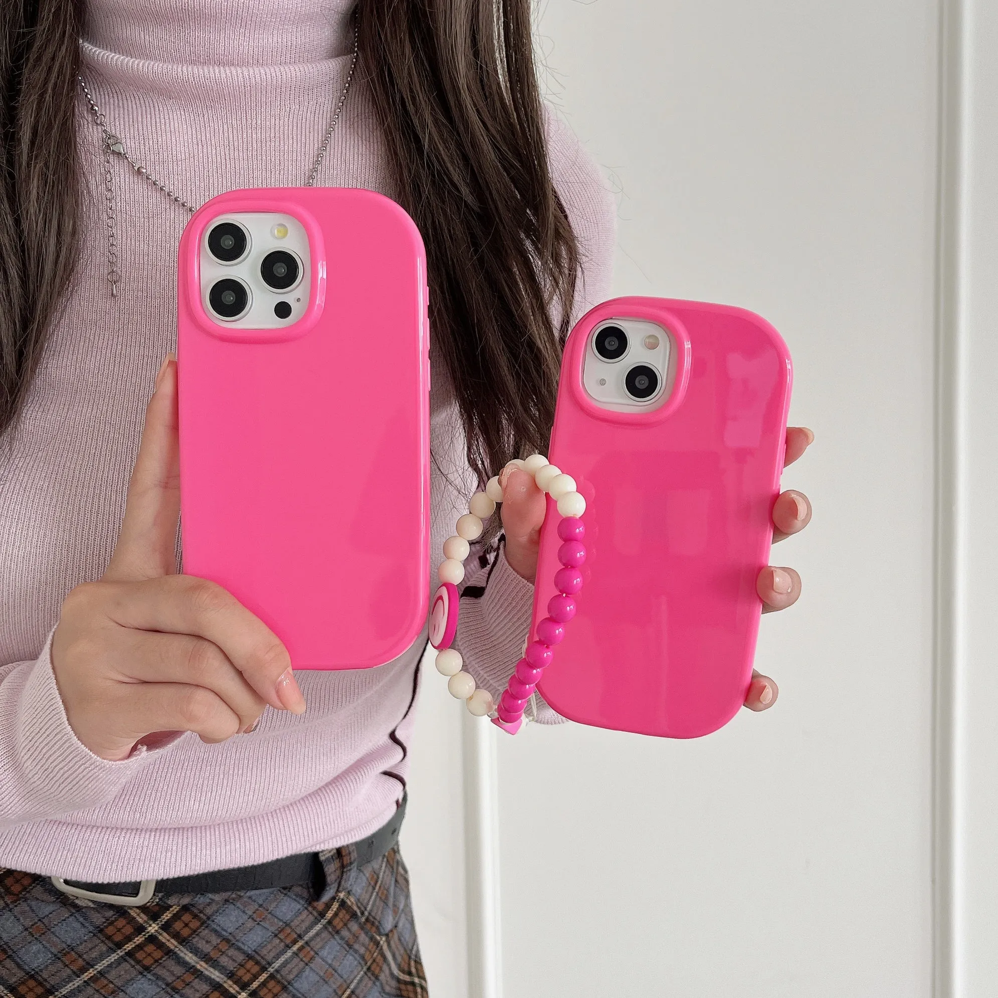 Oval Shape Customised Silicon Case With Beaded Charm for iPhone ( Pink )
