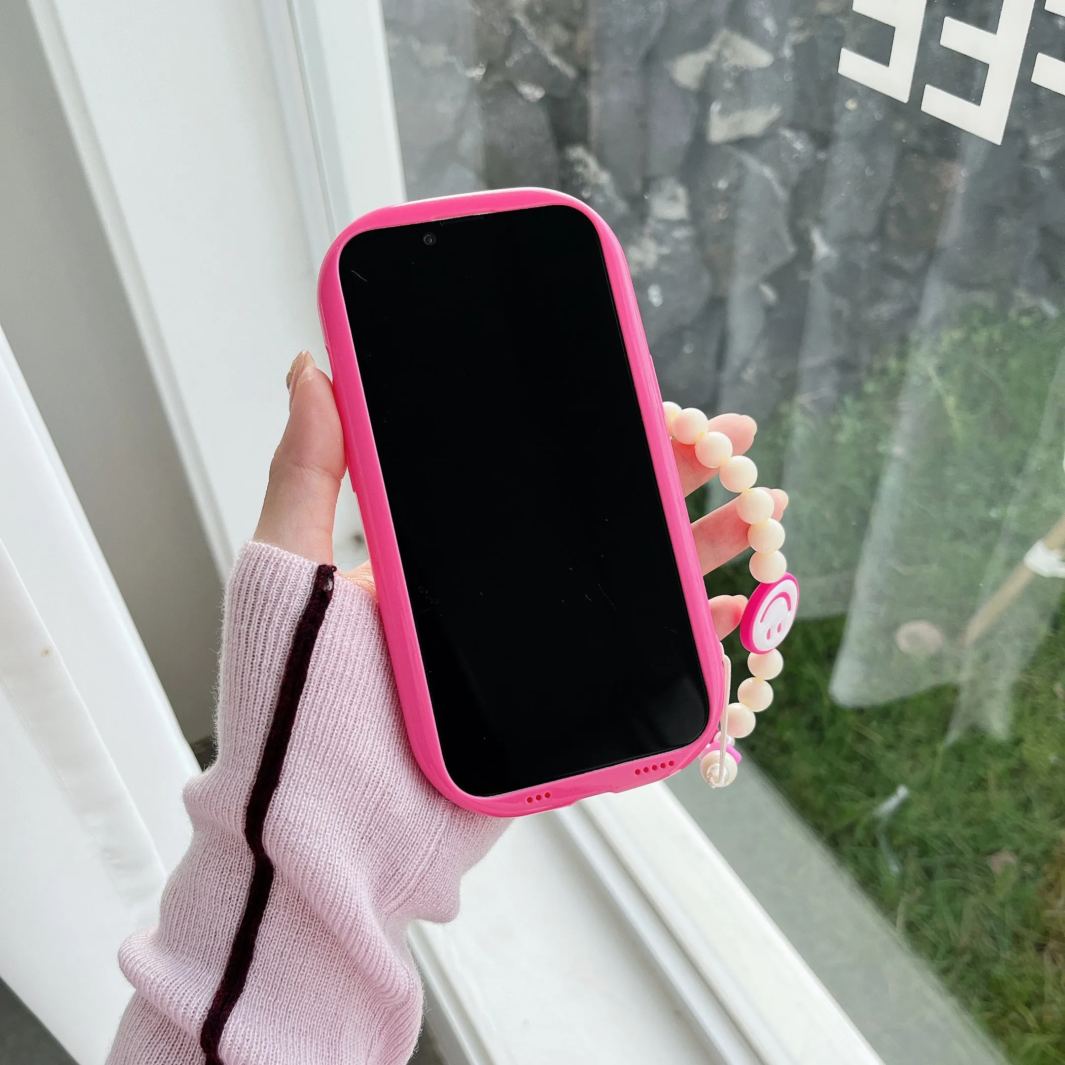 Oval Shape Customised Silicon Case With Beaded Charm for iPhone ( Pink )