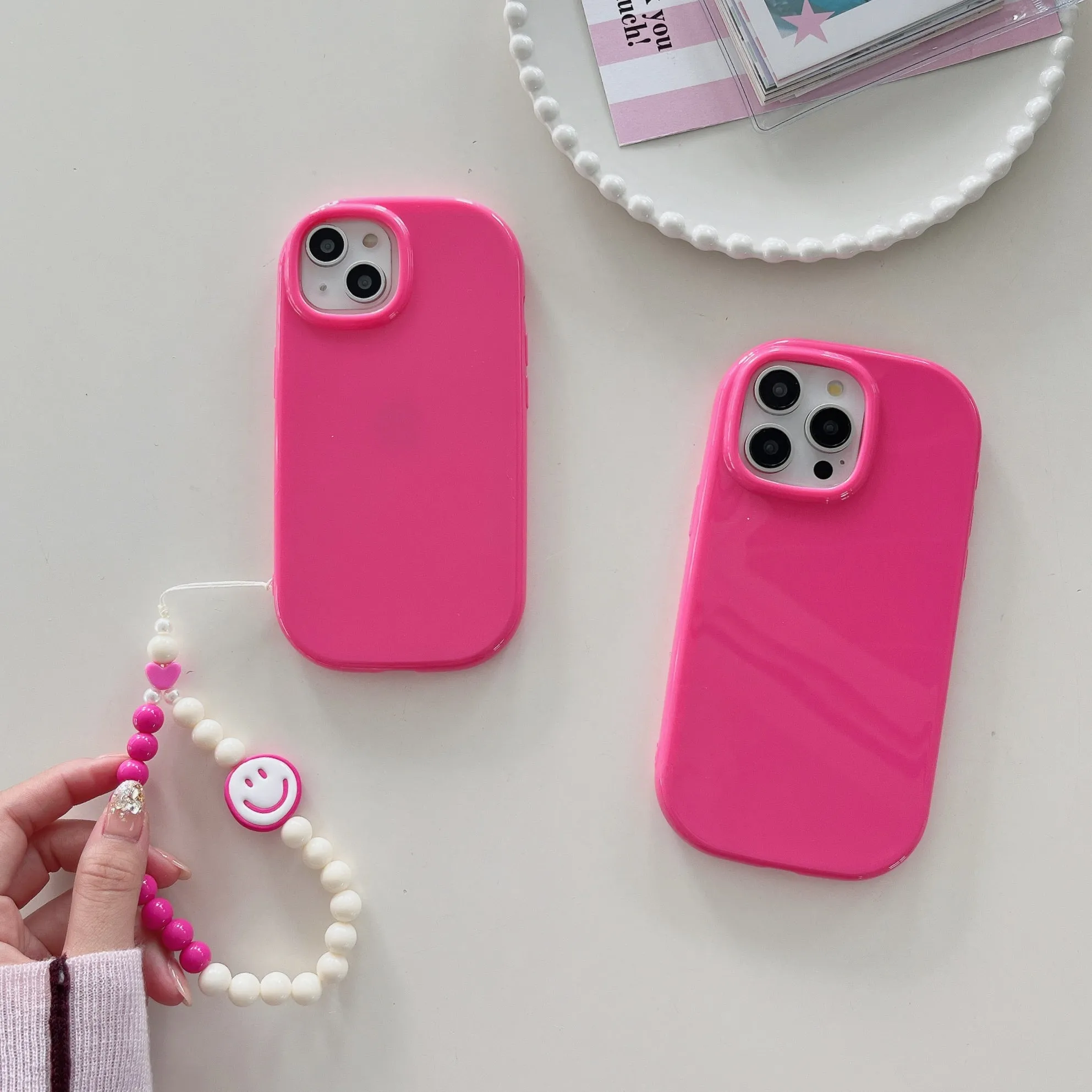 Oval Shape Customised Silicon Case With Beaded Charm for iPhone ( Pink )