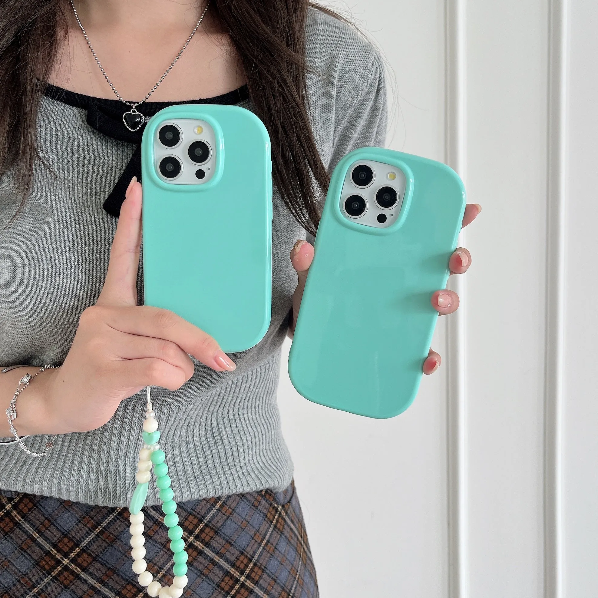 Oval Shape Customised Silicon Case With Beaded Phone Charm for iPhone ( Sea Blue )