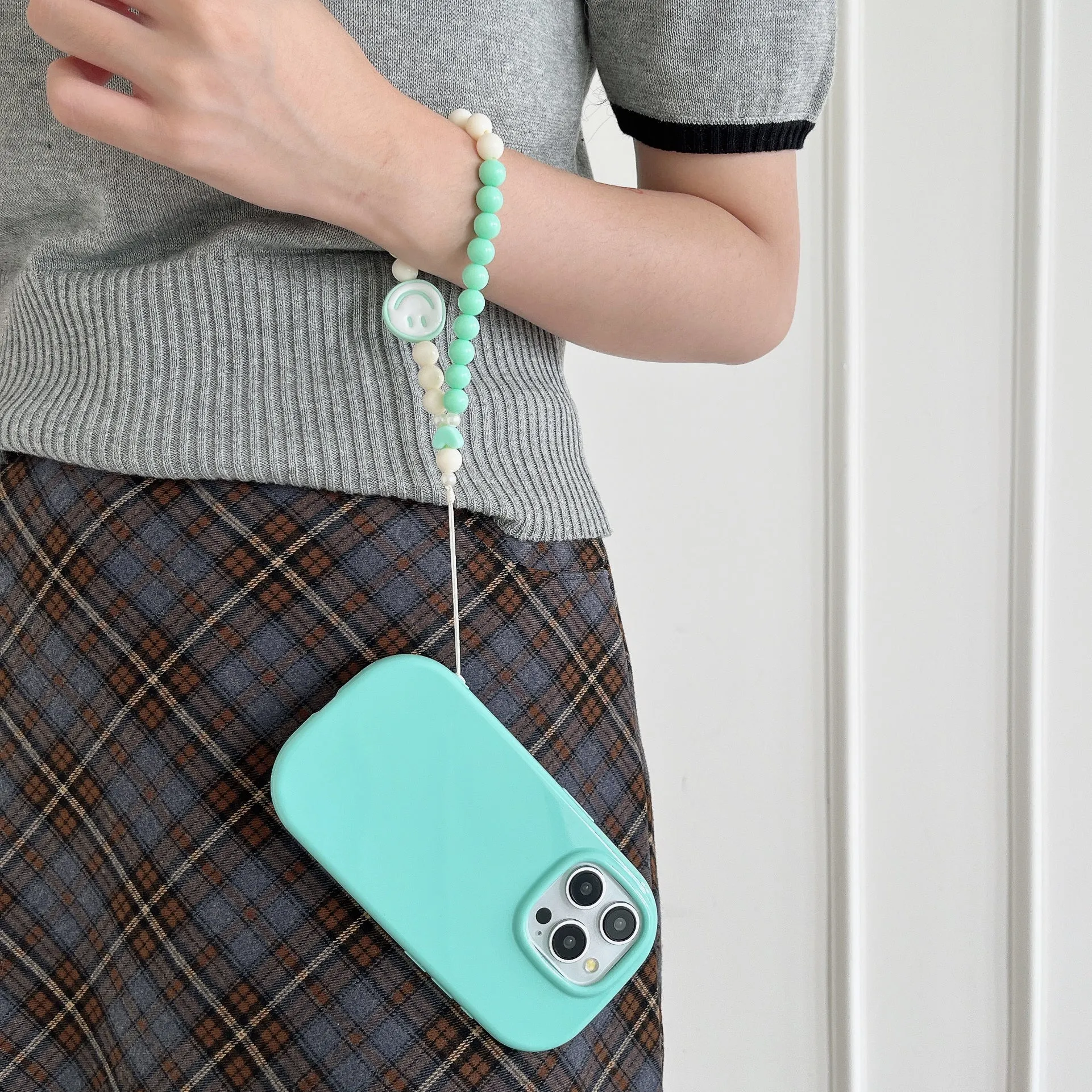 Oval Shape Customised Silicon Case With Beaded Phone Charm for iPhone ( Sea Blue )