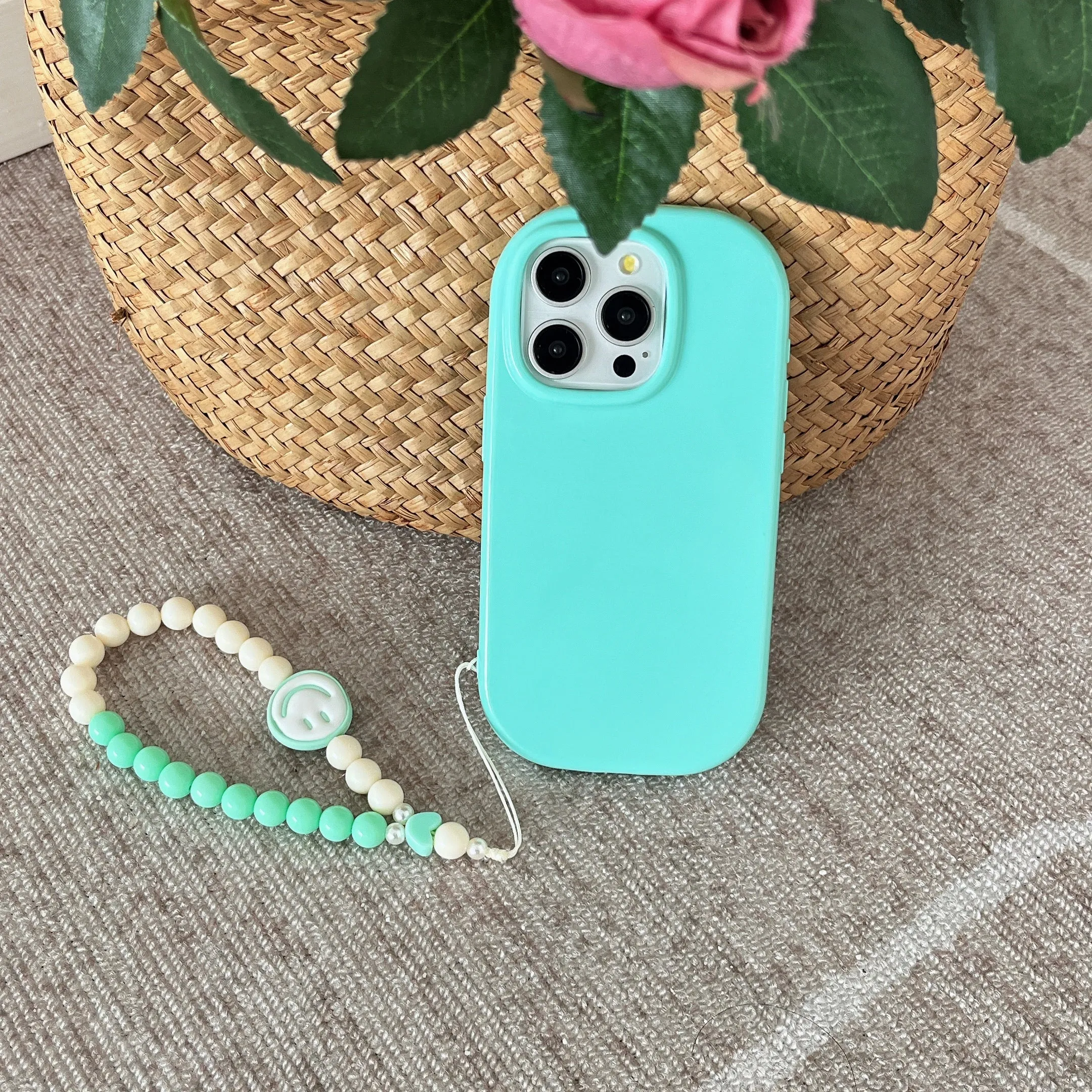 Oval Shape Customised Silicon Case With Beaded Phone Charm for iPhone ( Sea Blue )
