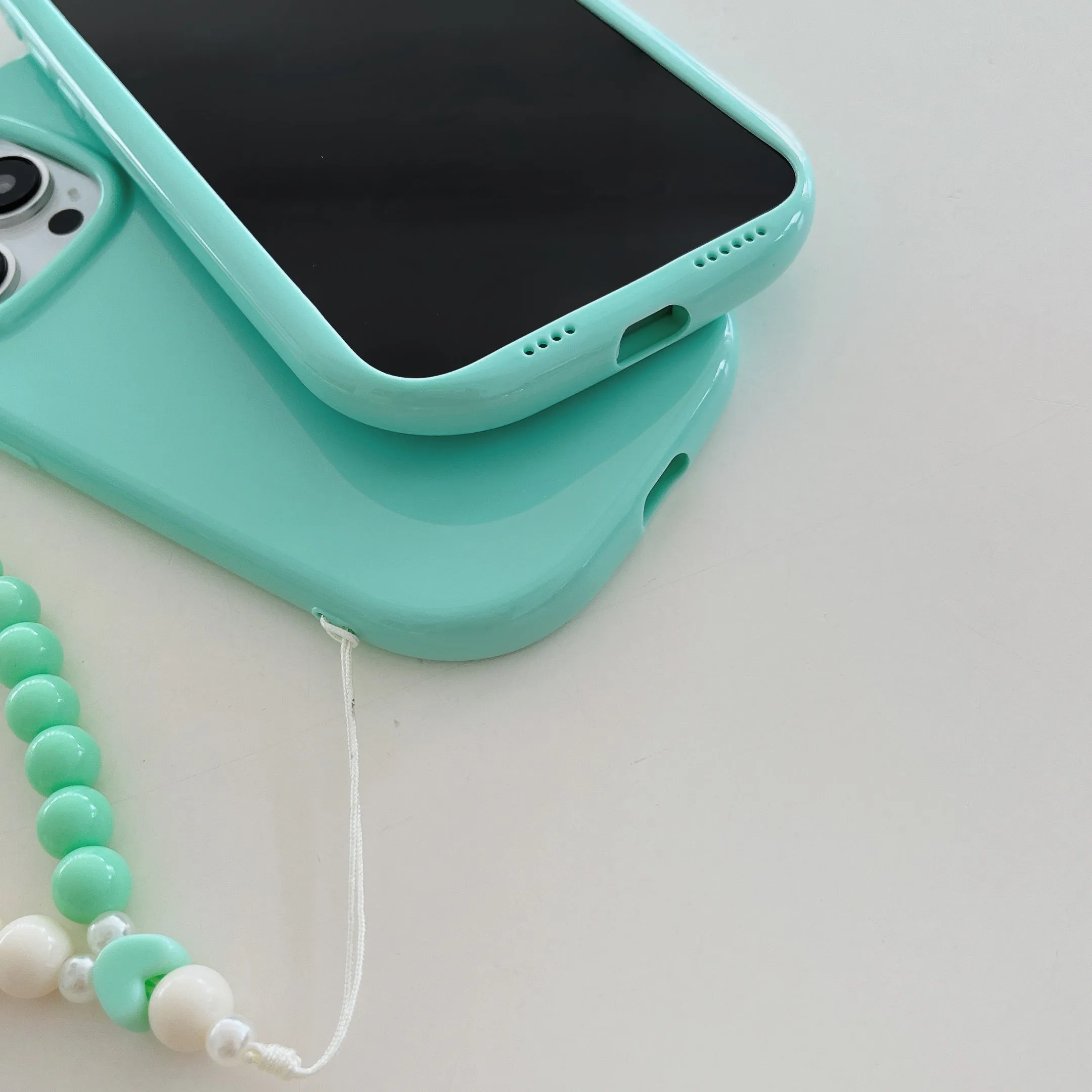 Oval Shape Customised Silicon Case With Beaded Phone Charm for iPhone ( Sea Blue )