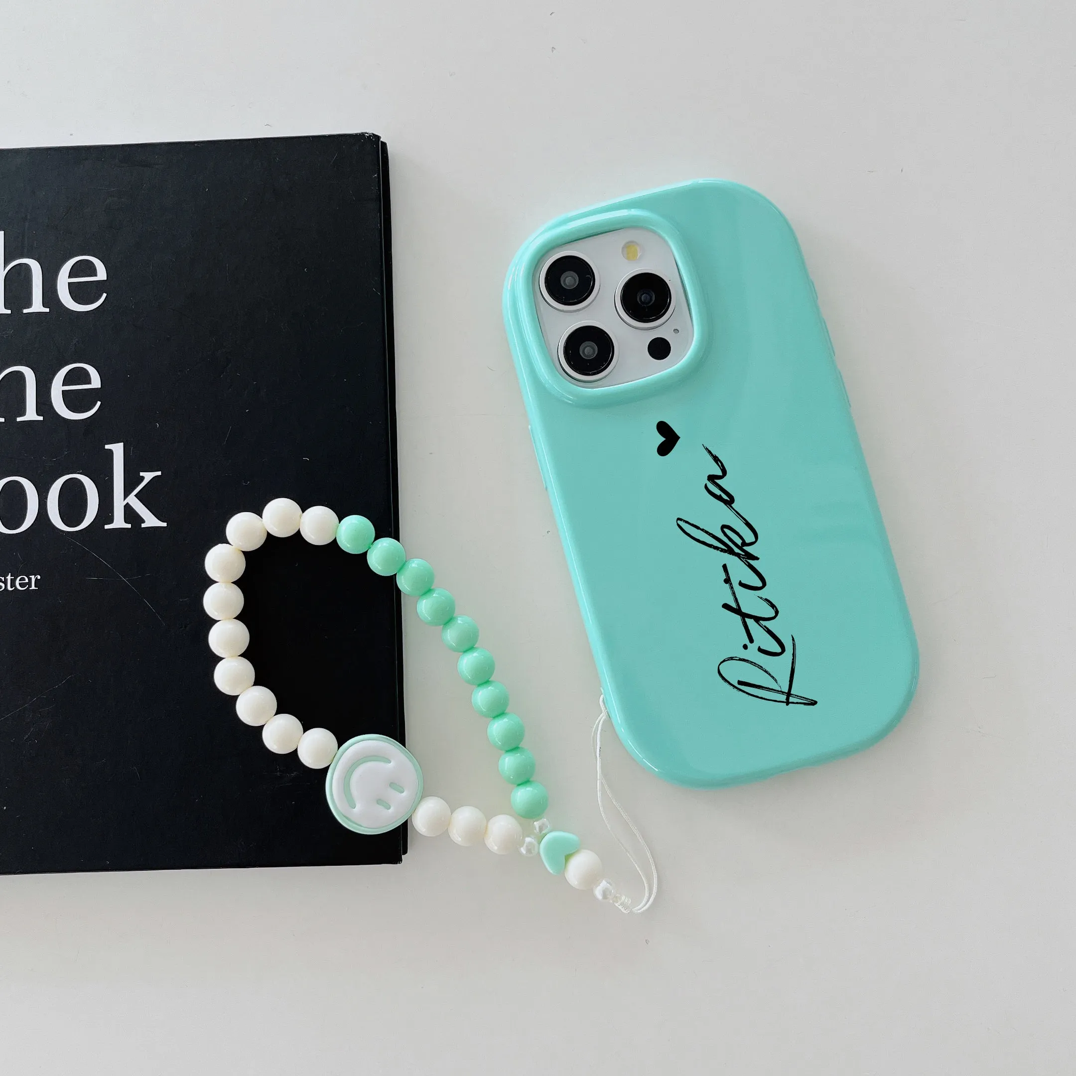 Oval Shape Customised Silicon Case With Beaded Phone Charm for iPhone ( Sea Blue )