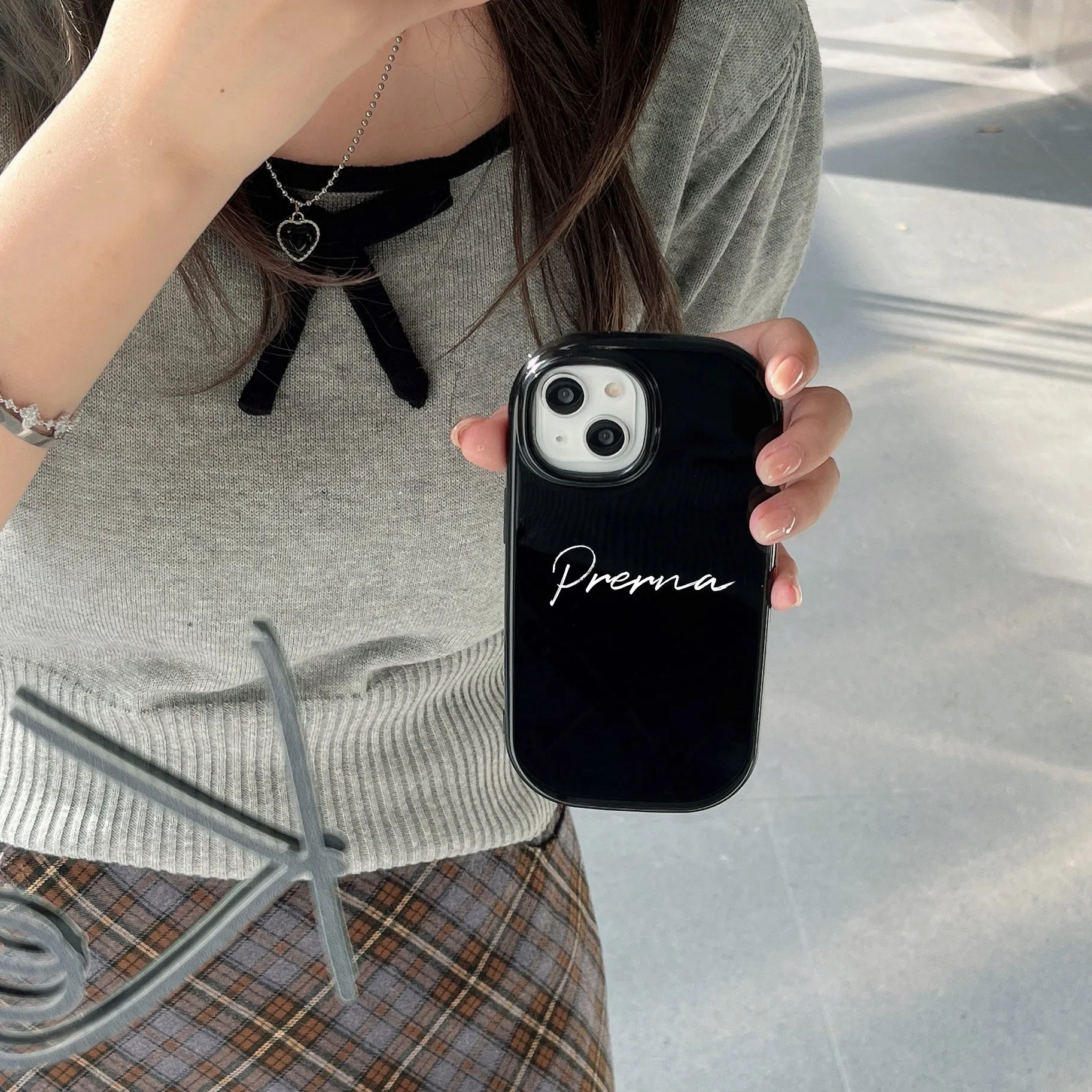 Oval Shape Customised Silicon Case With Hand Bracelet for iPhone ( Black )