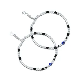 Silver Center Blue Evil Eye with Black and Silver Beads Kada Payal for Girls