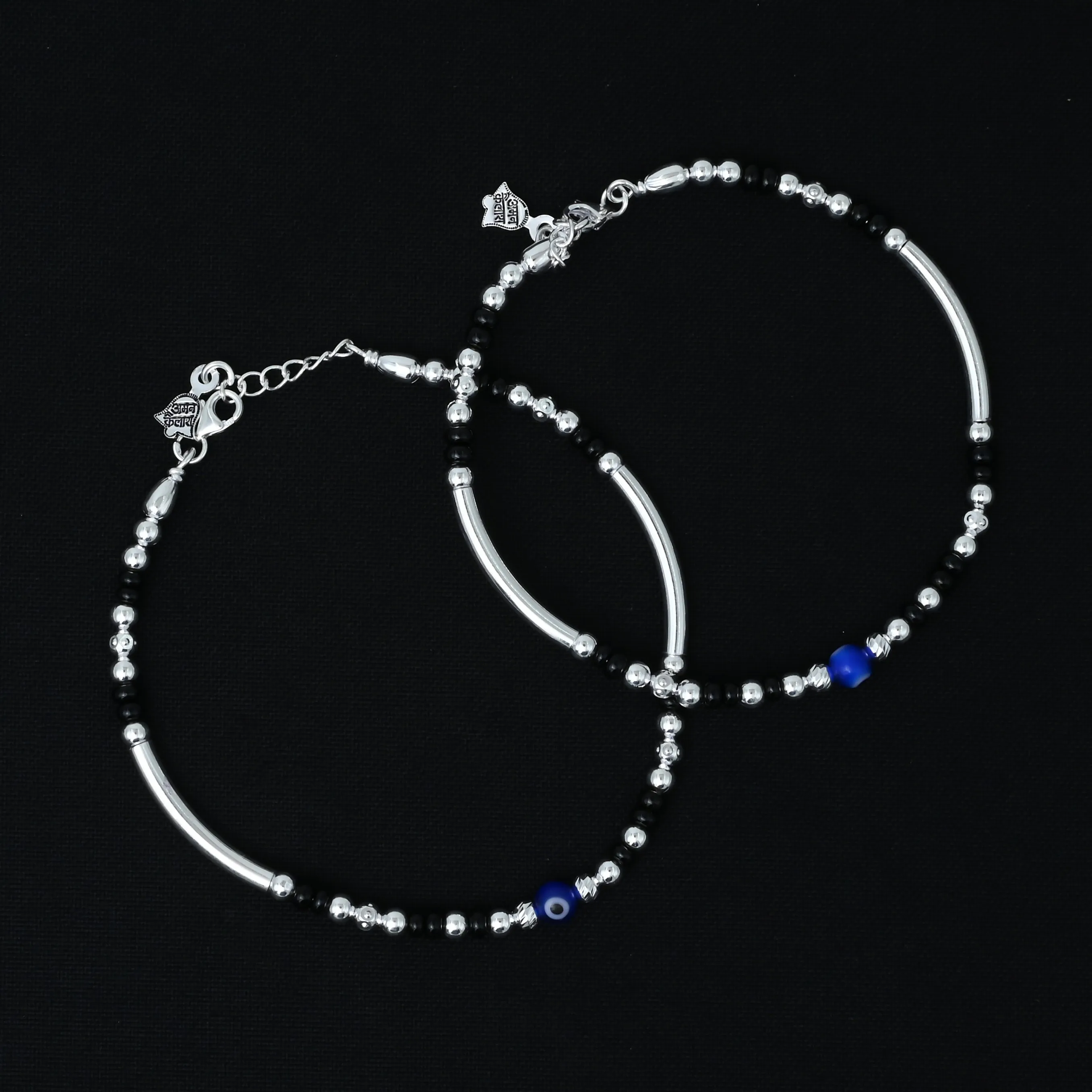 Silver Center Blue Evil Eye with Black and Silver Beads Kada Payal for Girls