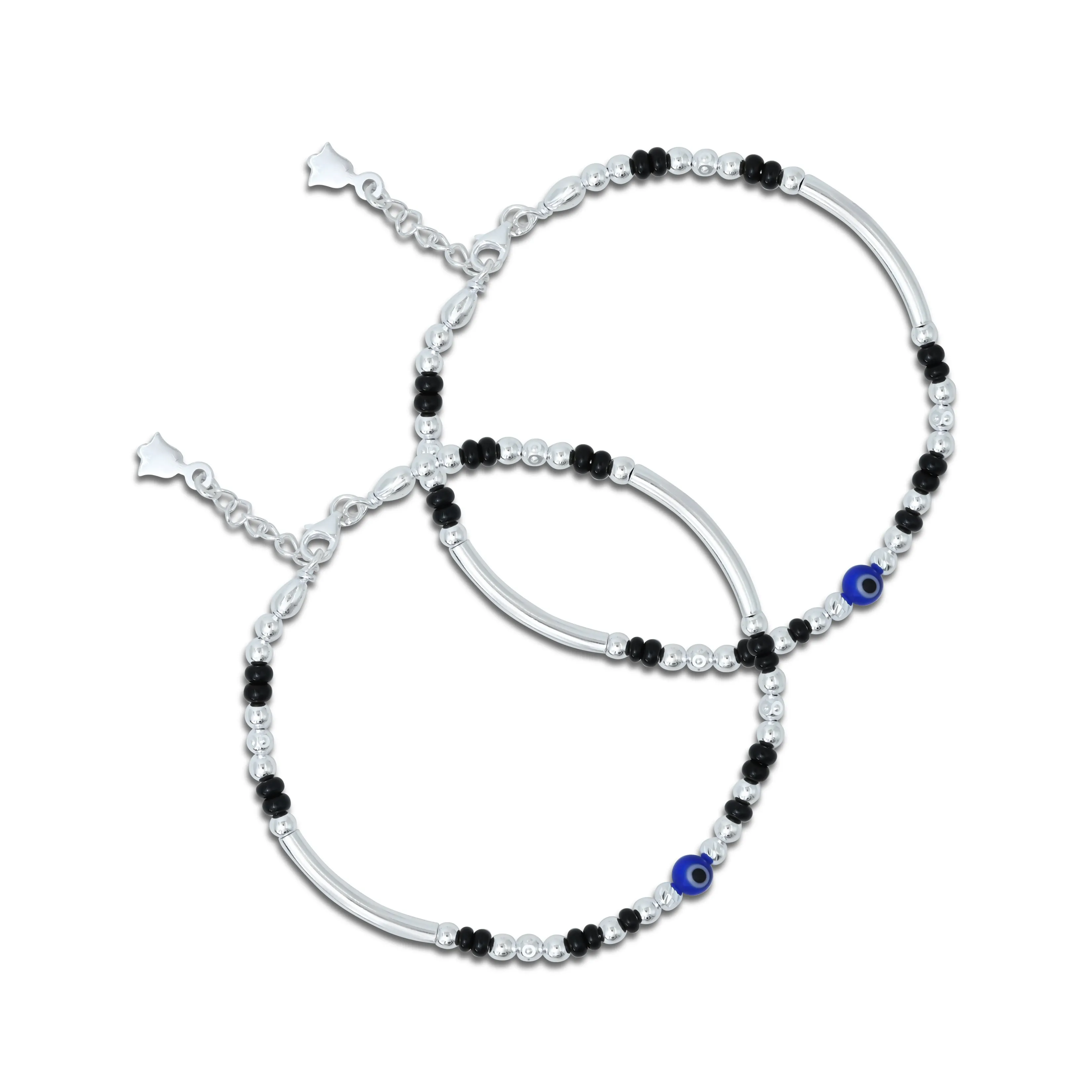 Silver Center Blue Evil Eye with Black and Silver Beads Kada Payal for Girls