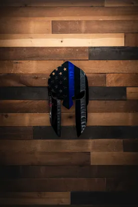 Thin Blue Line Flag on Spartan Helmet - Molten Metal Wall Art