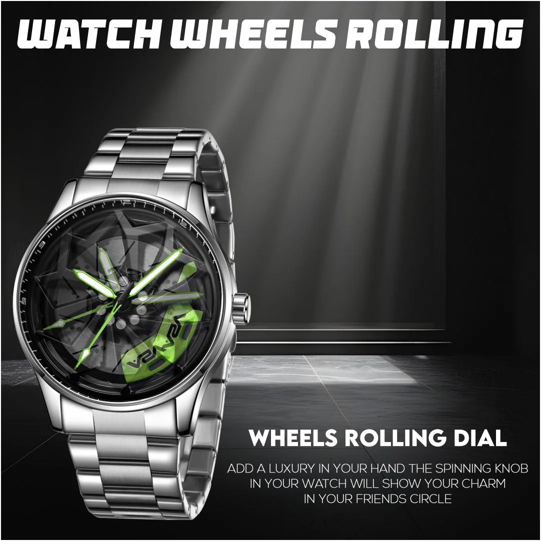 V2A Vortex Series Rolling Wheel Men’s Analog Watch Open Dial Stainless Steel Watch – Car Wheel-Inspired Design, Hollow Out Elegance Casual Watch for Men | Gift for Men