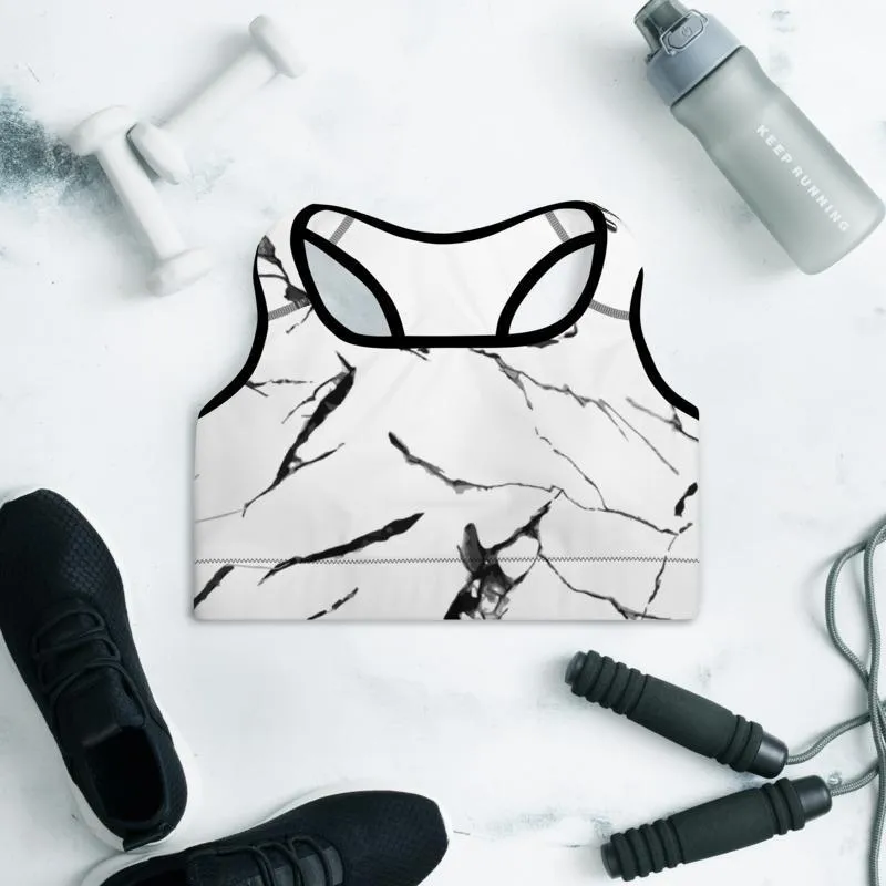 White Gray Marble Sports Bra, Abstract Print Women's Padded Gym Bra- Made in USA/ EU