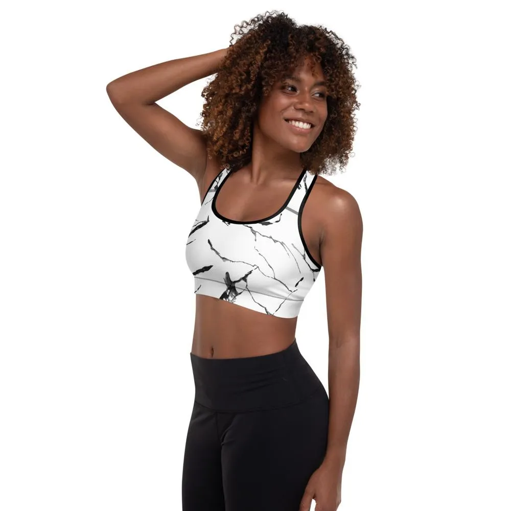 White Gray Marble Sports Bra, Abstract Print Women's Padded Gym Bra- Made in USA/ EU