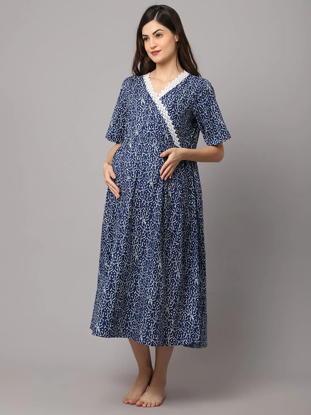 Women's Cotton Lace Printed Pre and Post Maternity Dress with Feeding