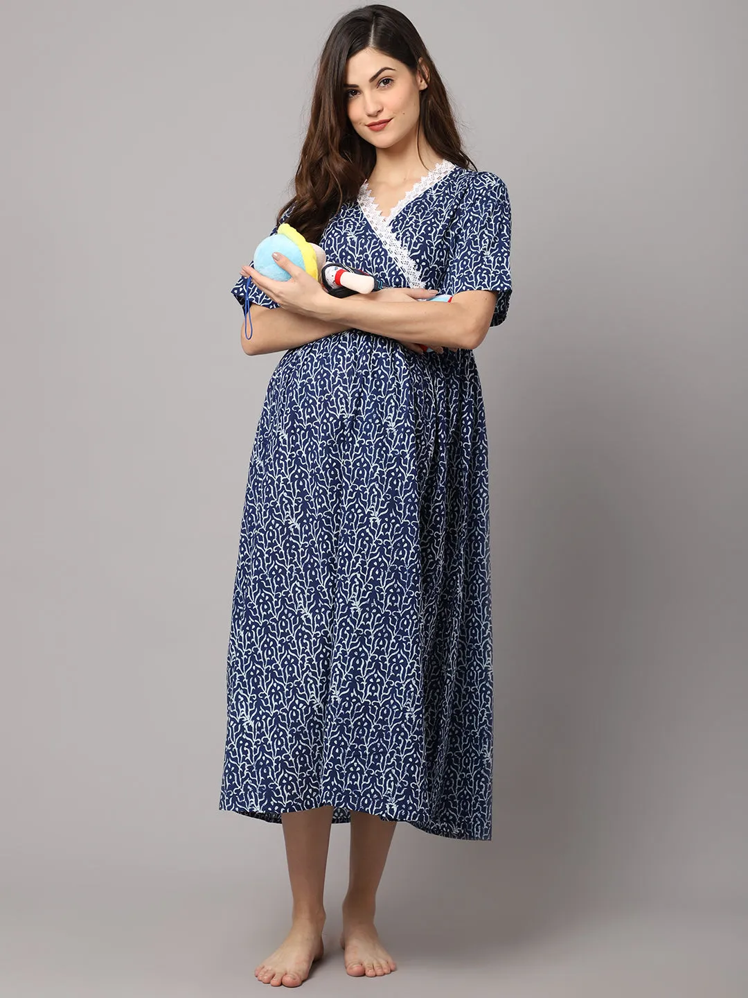 Women's Cotton Lace Printed Pre and Post Maternity Dress with Feeding